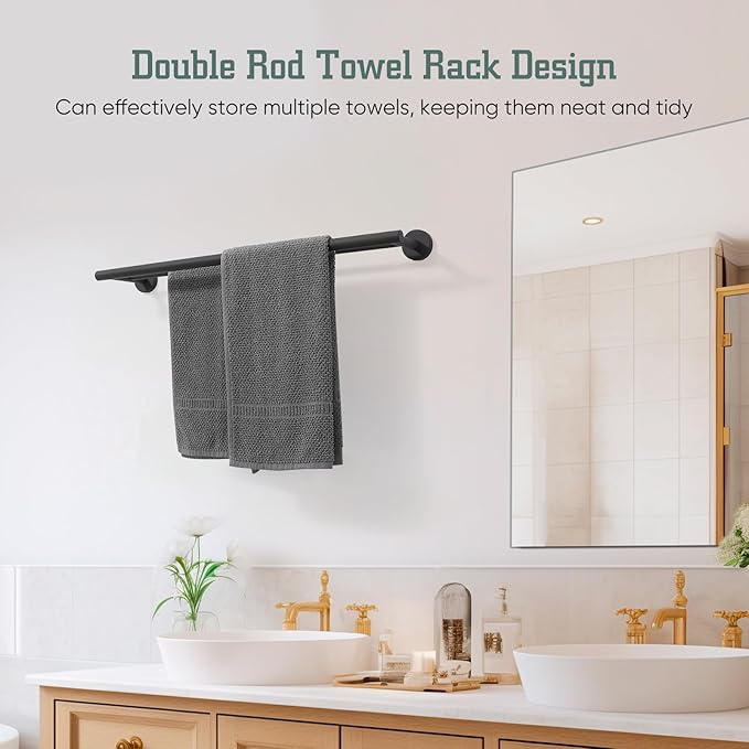 Towel Rack for Bathroom, 24 Inch Dual Towel Bar, Stainless Steel Wall Mounted Towel Holder Modern Home Decor Bathroom Accessories, Matte Black