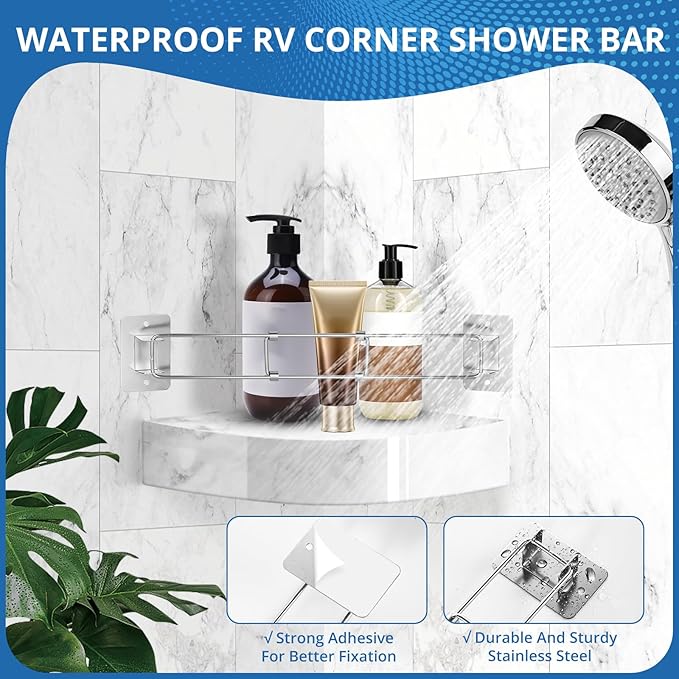 BOYISEN RV Shower Corner Storage Bar - Adjustable 7-13 Inch Stainless Steel Shower Shelves, Space-Saving Corner Shower Rod for Secure Bathroom Storage in RV, Campers, Travel Trailers (3 Pack)