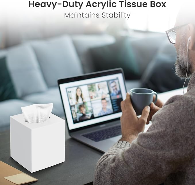 Tissue Box Cover, Square Facial Acrylic Tissue Box Holder with 2 Pack Clear Qtip Holder Dispenser, Bathroom Vanity Dresser Night Stand Essentials Accessories Decor, Modern Farmhouse Decor,White