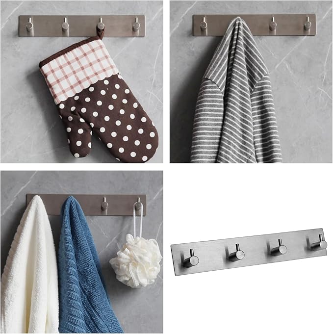 Self Adhesive Towel Hooks for Bathrooms Brushed Nickel Stick on Wall Bath Hanger Peel and Matte Shower Coat hook Mount 4 hooks, Silver