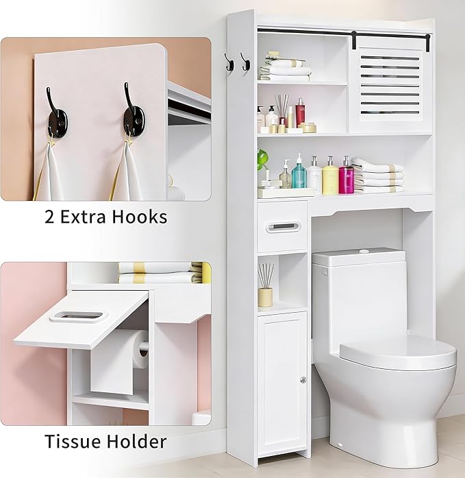 Over The Toilet Storage Cabinet, Bathroom Storage Cabinet Organizer, Above Toilet Rack with Door and Adjustable Shelves, Space Saver for Restroom, Laundry (White Right Side)