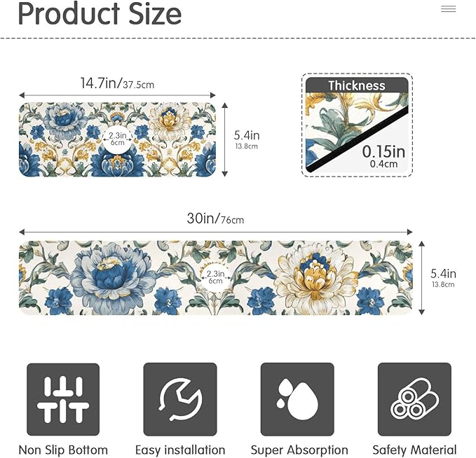 Kitchen Sink Splash Guard 2 PCS 30 Inch Sink Faucet Mat Splash Guard for Bathroom Countertop Water Absorbent Foldable Cuttable Soft Washable Royal Floral Blue and Yellow Tile