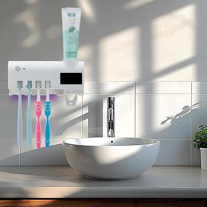 UV Toothbrush Cleaner Wall-Mounted Toothbrush Holder with UV Light and Rechargeable Battery, Helps Reduce Bacteria and Maintain Toothbrush Cleanliness, Smart Timer Function