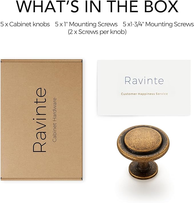 Ravinte 5 Pack 1-1/4 Inch Kitchen Cabinet Knobs Antique Brass Zinc Pulls Door Handles for Dresser Drawers