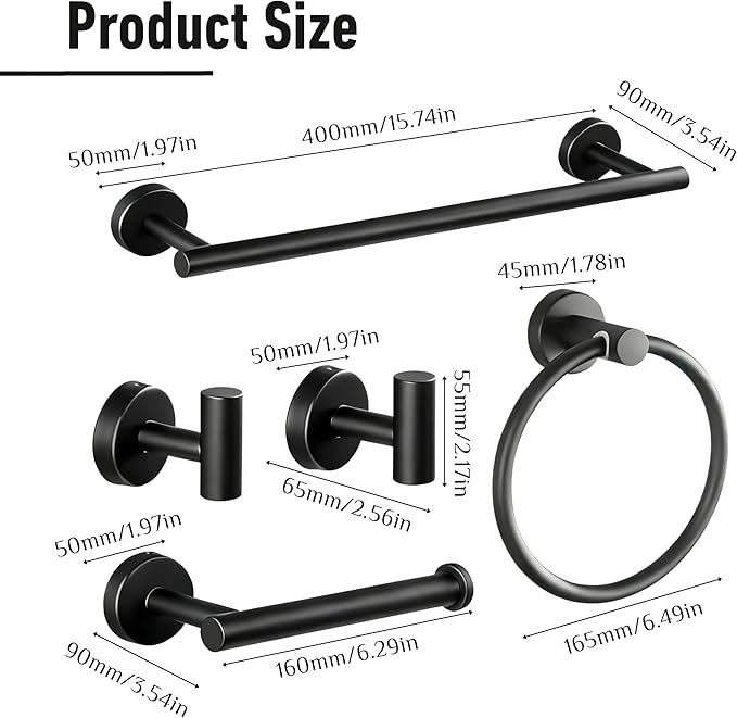 Towel Racks for Bathroom, Paper Towel Holder Shower Shelves Bath Towel Bar Set Stainless Steel Towel Racks for Bathroom Wall Mounted 1 Set (Black)