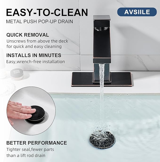 Oil Rubbed Bronze Bathroom Faucet, Single Hole Vanity Bath Faucet, Single Handle Modern Stainless Steel Bathroom Faucets for Sink 1 Hole with Pop Up Drain Stopper & Water Supply Hoses