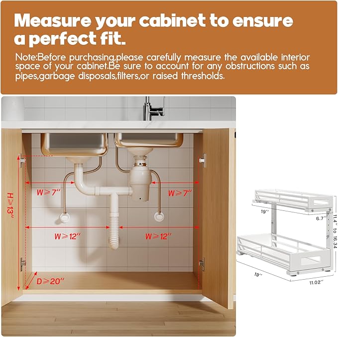 2-Pack 19"Deep Under Sink Organizer And Storage, 2-Tier L-Shaped Pull Out Cabinet Organizer with Upgraded Slide Rails, Height Adjustable Drawers for Kitchen&Bathroom, Extra-Large Storage Shelves–White