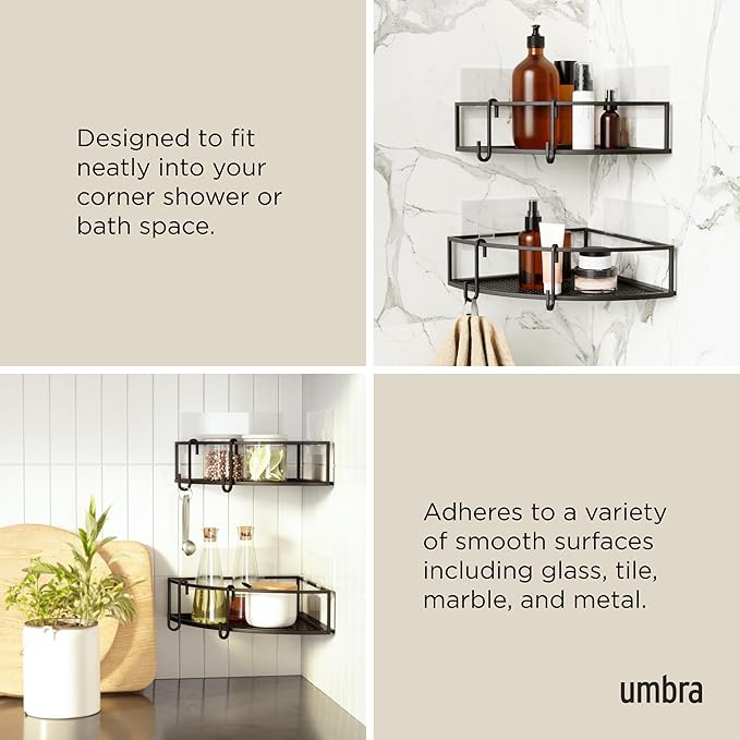 Umbra Cubiko Shower Corner Shelf, Metal Floating Shelves with Adhesive Mounting Strips, 2-Pack, Black