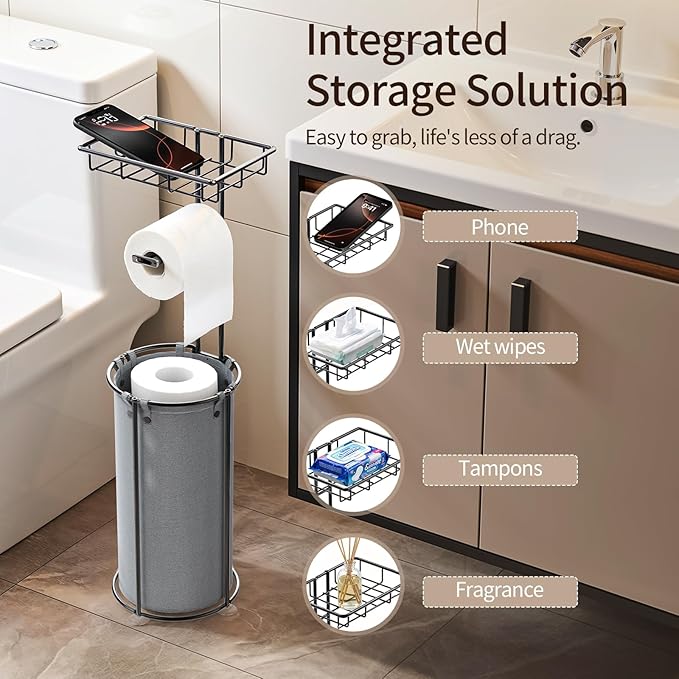 Lewondr Free Standing Toilet Paper Holder, Toilet Paper Holder with Shelf, Bathroom Tissue Roll Storage Rack with Storage Bag for 3 Rolls of Tissue, Gray