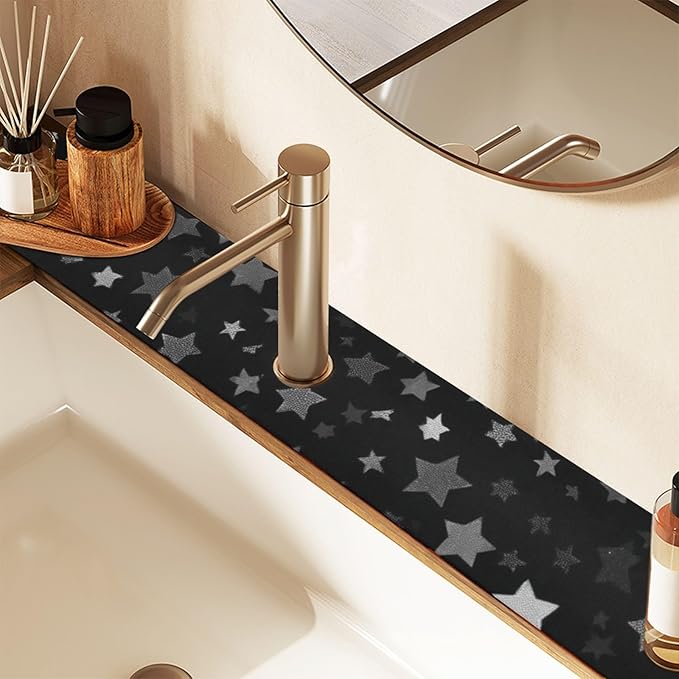 Kitchen Sink Splash Guard 2 PCS 30 Inch Sink Faucet Mat Splash Guard for Bathroom Countertop Water Absorbent Foldable Cuttable Soft Washable Cute Silver and Gray Stars