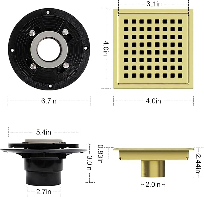4 Inch Square Shower Floor Drain, Shower Drain Kit with Flange, Square Shower Drain, SUS 304 Stainless Steel Floor Drain,Golden