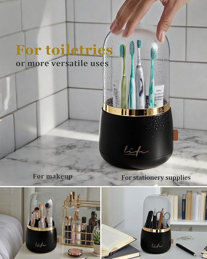 360° Rotating Toothbrush Holder for Bathroom, 7-Slot with Cover & Drainage for Electric Toothbrushes, Toothpaste, Razors - Stand Storage for Vanity, Bathroom Accessories, Countertop Organize (Black)