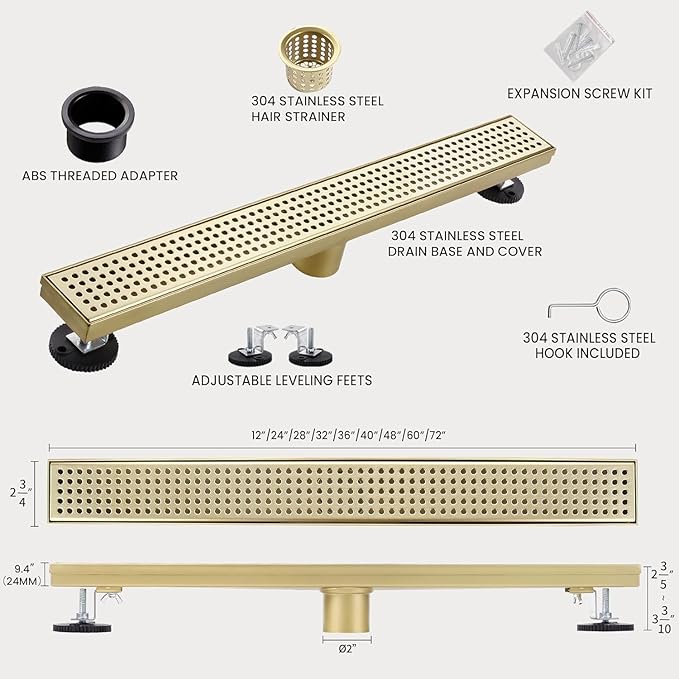 12 Inch Linear Shower Drain, Brushed Gold Shower Drain,Removable Grate, 304 Stainless Steel, Easy to Install and Clean for Bathrooms (Drain Base Not Included), LSD-04A-12G