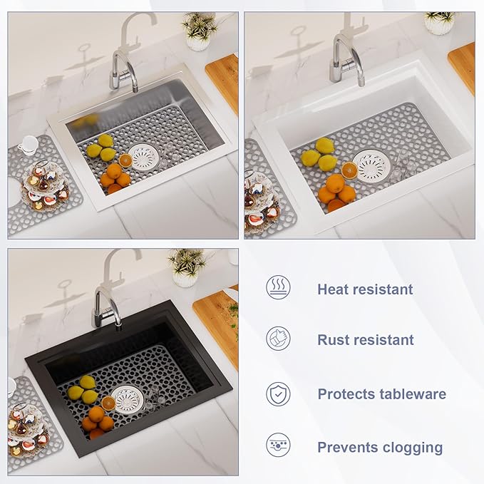 TOOVEM Kitchen Sink Mats, 11.5 x 18.2 Inch Sink Protectors for Kitchen Sink, Silicone Heat Resistant Non-Slip for Bottom of Kitchen Stainless Steel Sink Mats, Grey
