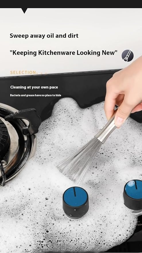 Stainless Steel Scrubber with Handle, Durable Metal Dish Brush for Kitchen Cleaning,One-Piece Molding Process, Hands-Free Cleaning, Suitable for Frying Pans, Plates, Bowls，Cast Iron Skillet