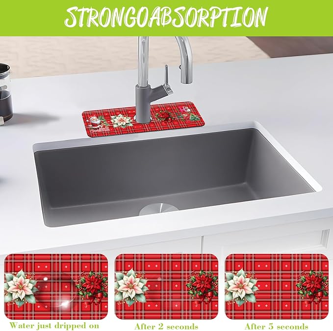 Chrismas Sink Splash Guard Faucet Mat Christmas Absorbent Fast Drying Mat Sink Gadgets Splash Guard Behind Faucet Drip Catcher for Kitchen Bathroom 15.5"X5.5"