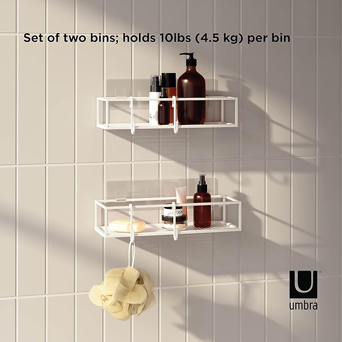 Umbra Cubiko Shower Shelf, Metal Floating Shelves with Adhesive Mounting Strips, 2-Pack, White