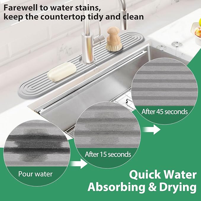 Shinowa Faucet Mat for Kitchen Sink, Diatomite Kitchen Sink Splash Guard, Quick Drying Water Stone for Kitchen Sink, Sink Splash Guard for Kitchen Bathroom,Included Sand Paper (Light Grey, 24'' x 4'')