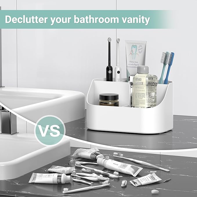 Countertop Toothbrush Holders for Bathrooms, Plastic Toothpaste and Electric Tooth Brush Holder Storage Caddy Stand for Shower, 5 Slots Cute Kids Bathroom Counter Organizer for Vanity, White
