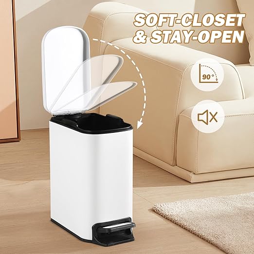 ELPHECO Small Bathroom Trash Can with Lid Soft Close 1.8 Gallon / 6.8 Liter Stainless Steel Garbage Can Slim White Wastebasket for Bathroom, Office, Bedroom, Matte White