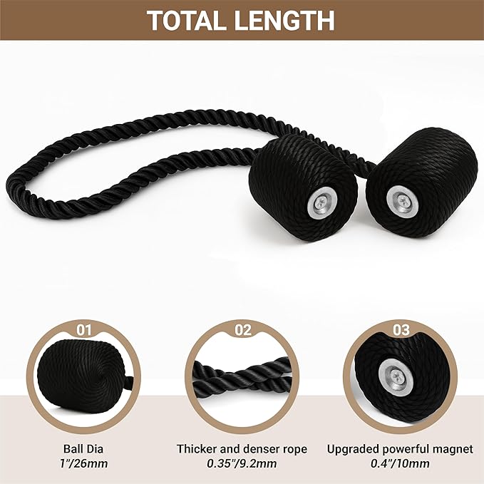 Hion Magnetic Curtain Tiebacks Black 4 Pack, Curtain Tiebacks Buckles Holdbacks Holders Hooks Clip for Home Bedroom Office Decorative Thick or Thin Curtain
