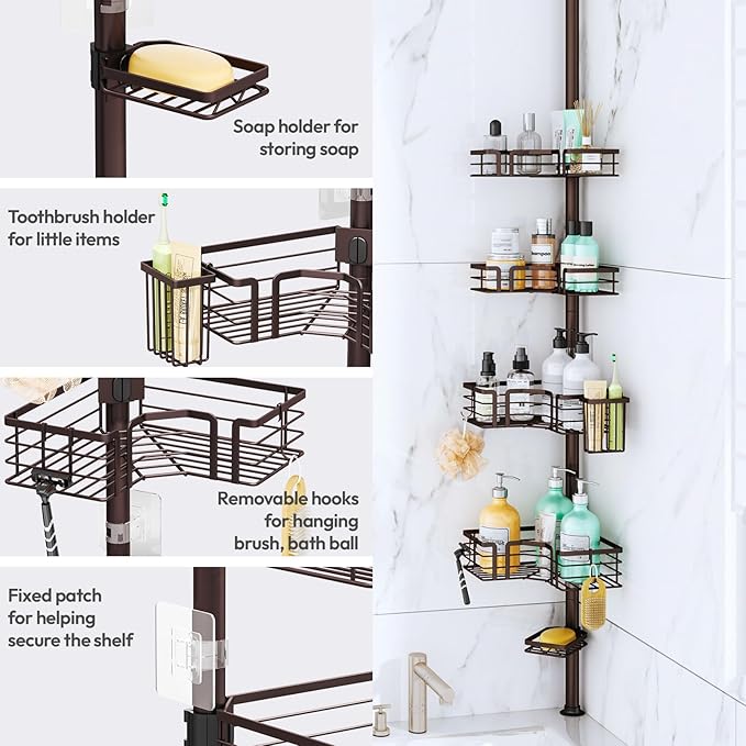 SWTYMIKI Shower Caddy Tension Pole - 4-Tier Corner Shower Organizer Tension Rod with Soap Holder, Toothbrush Holder & 4 Hooks, Adjustable Stainless Steel Bathroom Organizer 27.6 to 108.3 inch, Bronze