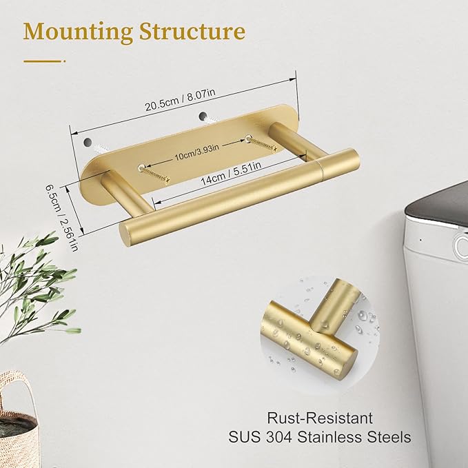 2 Pieces Brushed Gold Toilet Paper Holder, Upgraded Commercial Toilet Paper Dispenser Toilet Roll Holder, Modern Double Base Paper Towel Holder Wall Mount for Bathroom, Kitchen