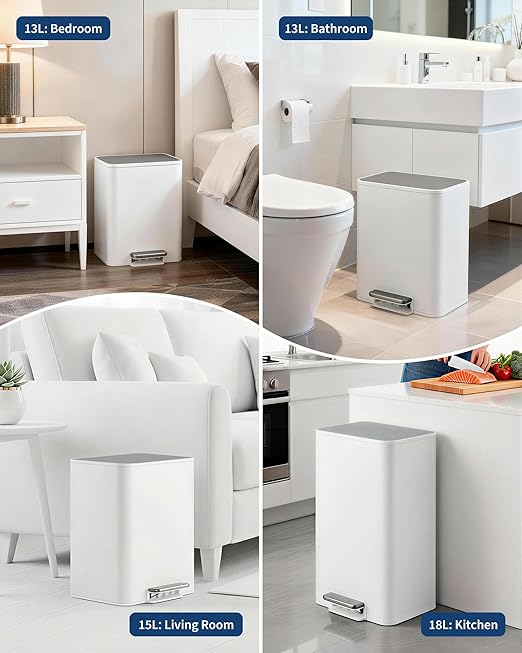 Garvee Space-Saving Bedroom Trash Can, 4 Gallon Small Trash Can with Soft-Close Lid, Foot Pedal & Removable Inner Bucket, Rectangular Stainless Steel Garbage Can for Living Room, Home, Office, White