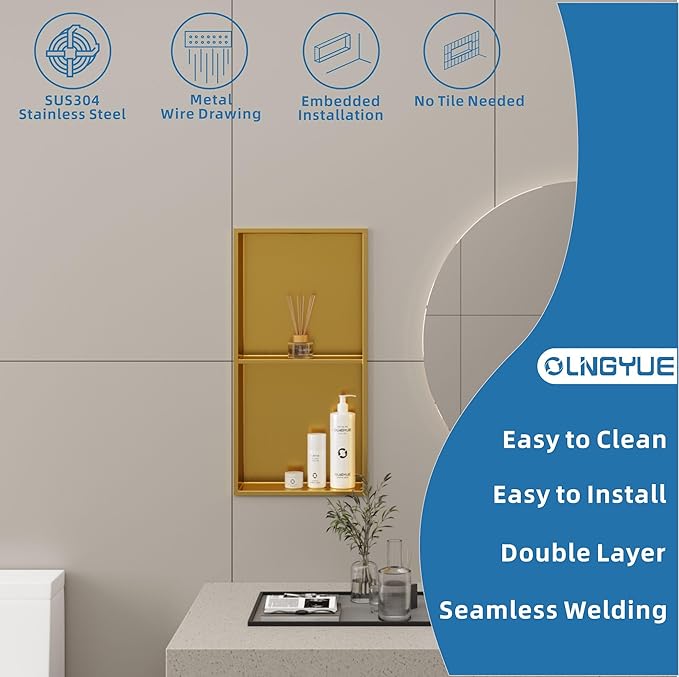 Shower Niche No Tile Needed: Stainless Steel Double Layer - 12"x24" Recessed Wall Niches Shelves for Bathroom Kitchen Toilet Storage - Brushed Gold