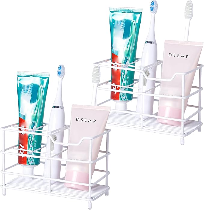 Dseap Toothbrush Holder, Electric Toothbrush Holder - Stainless Steel Tooth Brush Holders, Toothpaste Holder Organizer Stand Caddy for Bathroom, White, 2Packs