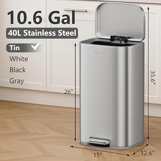 mVm 10.6 Gal Kitchen Trash Can, Step Trash Can with Lid, Smooth Edge Garbage Bin for Home Office (Tin)