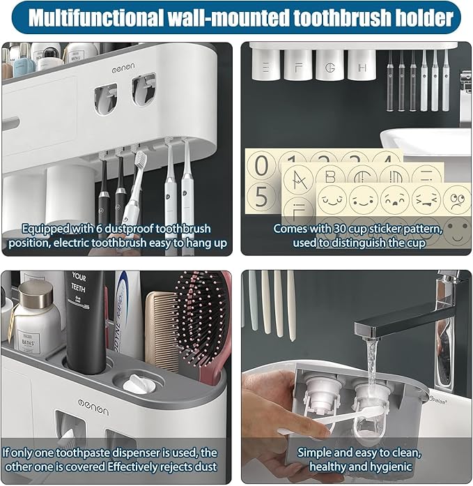 Toothbrush Holders Wall Mounted, Double Automatic Toothpaste Dispensers Squeezer Kit, Toothbrush Holder with Automatic Toothpaste Dispensers, 6 Brush Slots, 2 Magnetic Cups,1 Drawer and 1 Storage Tray