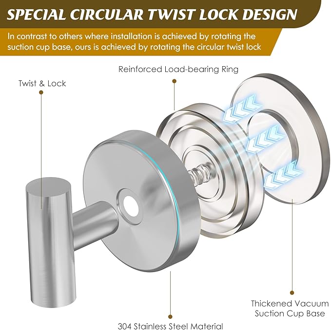 Suction Cup Hooks for Shower,Heavy Duty Shower Towel Suction Hooks,No Drill Wall Mounted Towel Hooks for Bathrooms Wall,Kitchen,Glass,Mirror,Tile to Hang Towels,Robes,Coat-Silver(2 Pack)