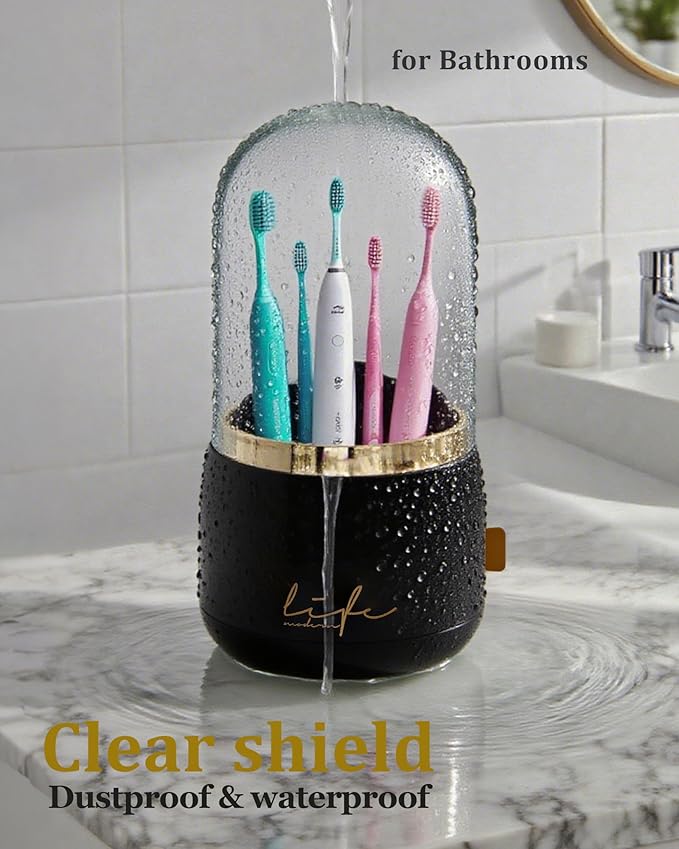 360° Rotating Toothbrush Holder for Bathroom, 7-Slot with Cover & Drainage for Electric Toothbrushes, Toothpaste, Razors - Stand Storage for Vanity, Bathroom Accessories, Countertop Organize (Black)