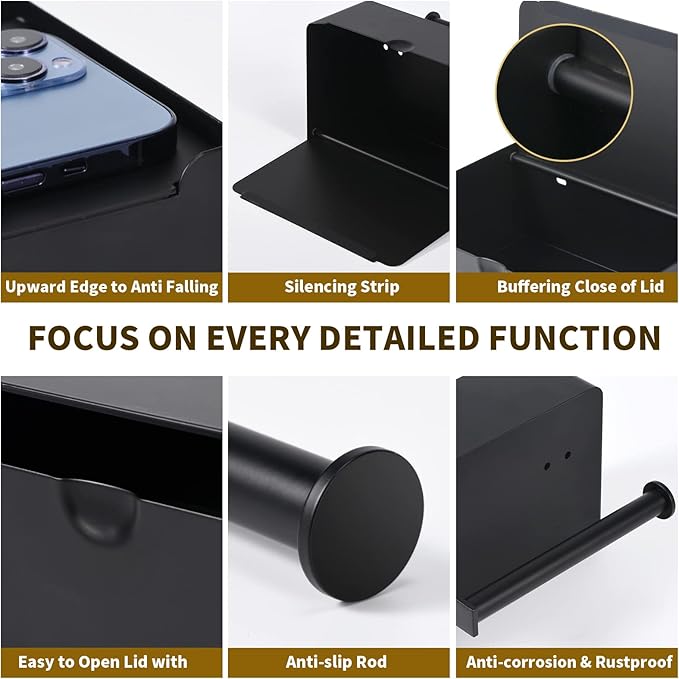 Toilet Paper Holder with Shelf, Wipe Holder for Bathroom, Large, Stainless Steel, Wall Mounted, Matt Black, Upgraded Toilet Paper Holder