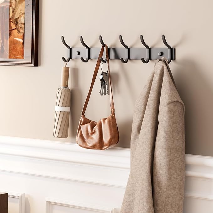 Black Coat Rack Wall Mount - 15 Inch Arc Shaped Design with 6 Hooks for Hanging Coats, Bags, and Towels in Entryway, Livingroom, Bedroom, Bathroom, and Kitchen, 1 Pack