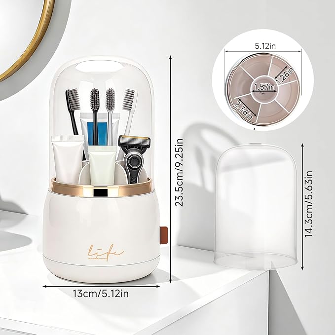 360 Rotating Toothbrush Holders for Bathrooms, 7-Slot Toothbrush Holder with Cover & Drainage, Bathroom Countertop Organizer for Electric Toothbrushes, Toothpaste & Makeup Brushes