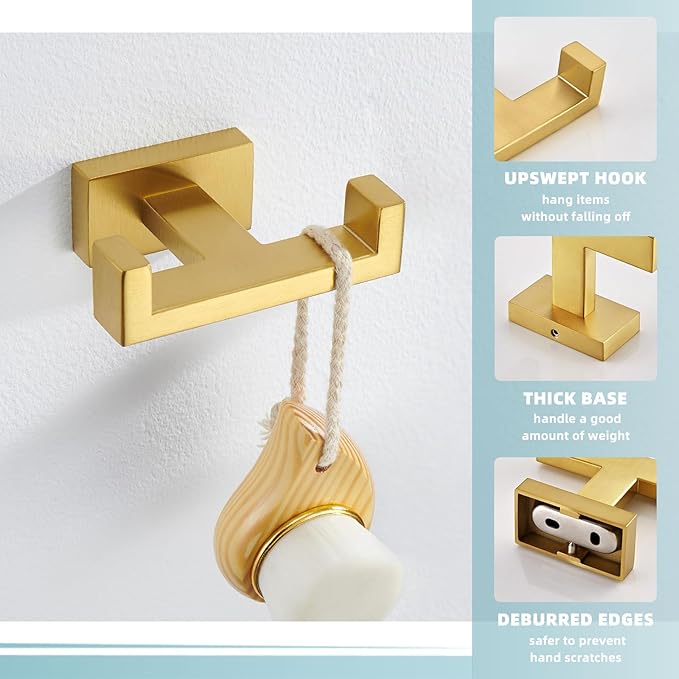 Suyar Double Towel Hook Brushed Gold, SUS304 Stainless Steel Square Coat Robe Holder, Bathroom Kitchen Towel Hanger, Wall Mounted