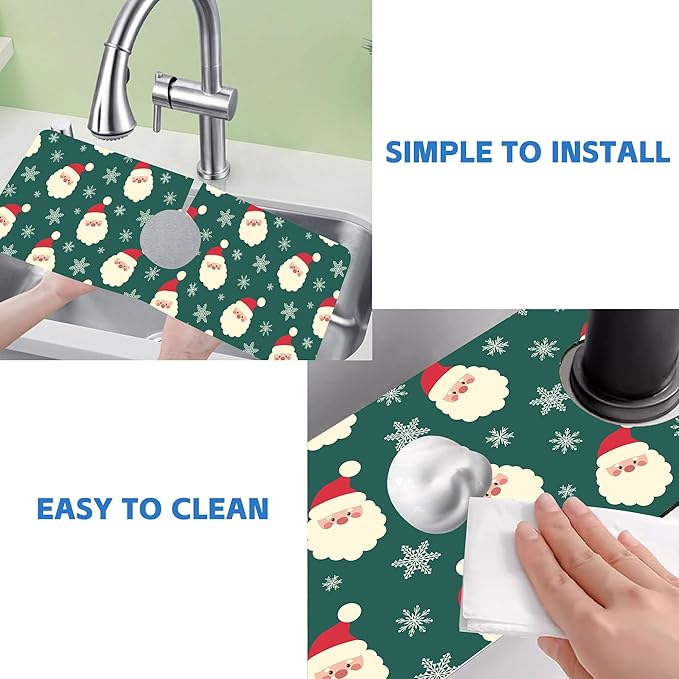 Christmas Kitchen Sink Splash Guard Mat Santa Claus and Snowflakes Sink Splash Guard Faucet Mat Draining Mat Fast Drying Sink Protectors for Kitchen and Bathroom 5.5"×15"