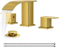 FORIOUS Brushed Gold Bathroom Faucets 3 Hole, Waterfall Square 8 Inch Widespread Bathroom Sink Faucet with Metal Pop-up Drain and Supply Lines, Two Handles for Vanity, Bath, Farmhouse