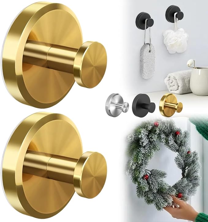 Luxe Hold No-Drill Hooks, 2024 Upgraded Suction Cup Hooks, Stainless Steel Waterproof Suction Cup Hooks for Shower, Bathroom, Hanging Towels, Mounting on Glass Shower Doors, Tile, Mirrors (Gold*2)