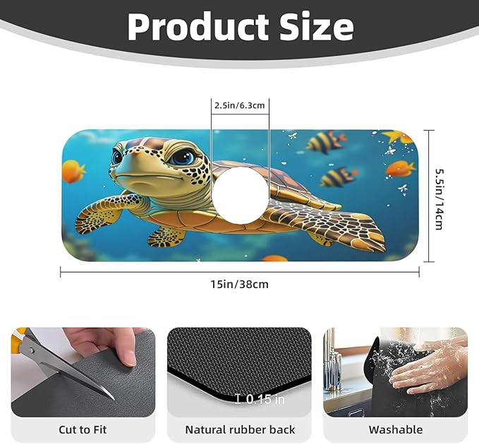 Turtle Ocean Life 15" X 5.5" Kitchen Sink Splash Guard, Faucet Guard Draining Mat, Faucet Suction Pad For Kitchen Bathroom