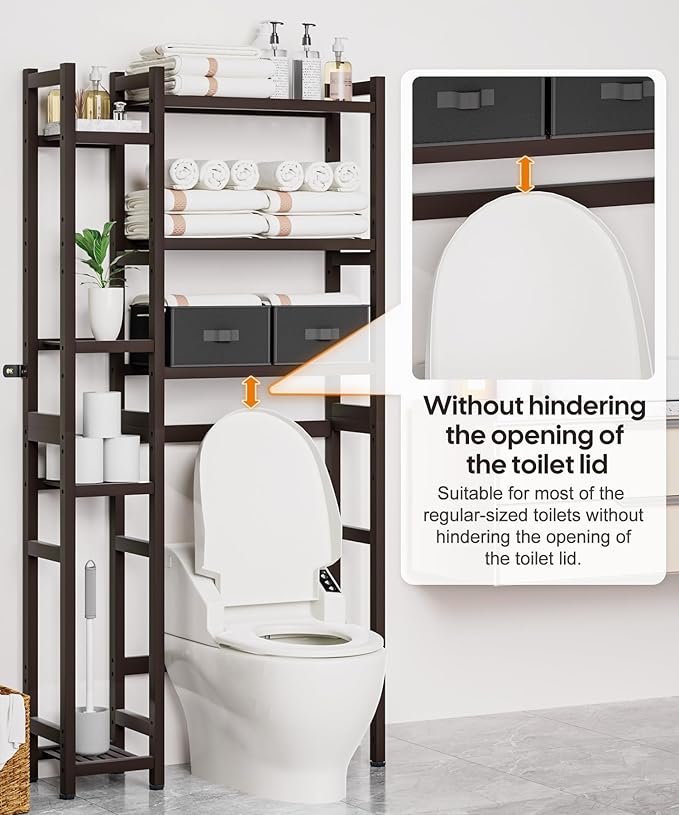 Homde Over The Toilet Storage with Basket and Drawer, Bamboo Bathroom Organizer with Adjustable Shelf & Waterproof Feet Pad, Space Saver Rack for Restroom, Laundry, Brown