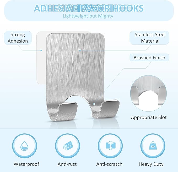 VIS'V Shower Wall Razor Holder, Metal Adhesive Razor Hooks for His and Hers, Waterproof, Silver, 2 Pcs