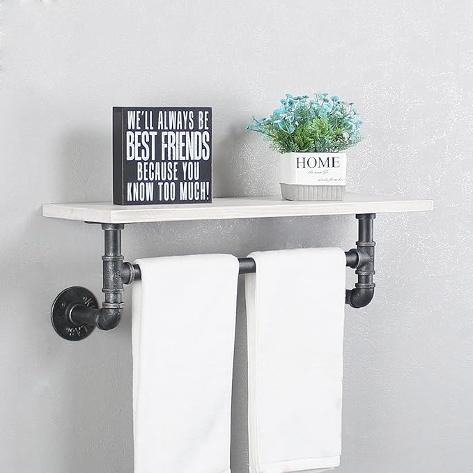 MBQQ Iron Pipe Shelves Industrial Bathroom Shelves with Towel bar,24in Rustic Metal Pipe Floating Shelves Pipe Wall Shelf,1 Tier Industrial Shelf Wall Mounted,Retro White