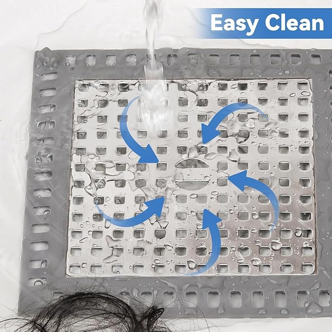 Shower Drain Hair Catcher, 4.72" Shower Drain Cover, All-in-One Universal Sink & Shower Drain Strainer, Easy Installation, Stainless Steel and Silicone Bathroom Accessories for Tub, Bathtub (Square)
