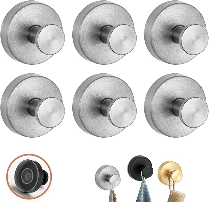 Luxe Hold No-Drill Hooks, 2024 Upgraded Suction Cup Hooks, Stainless Steel Waterproof Suction Cup Hooks for Shower, Bathroom, Hanging Towels, Mounting on Glass Shower Doors, Tile, Mirrors (Sliver*6)