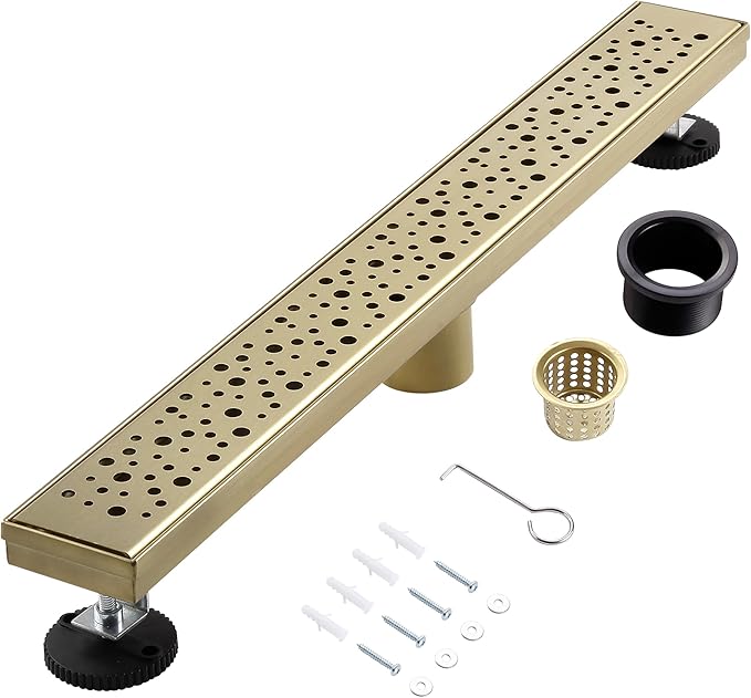 28 Inch Linear Shower Drain, Brushed Gold Shower Drain,Removable Grate, 304 Stainless Steel, Easy to Install and Clean for Bathrooms (Drain Base Not Included), LSD-19A-28G