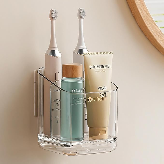 Toothbrush Holders for Bathroom - Detachable Divided Design, Drawer Drainage Tray, Adhesive Wall-Mounted/Countertop Dual-Use, Large Capacity Organizer for Bathroom/Kitchen/Office, Easy Install (Grey)