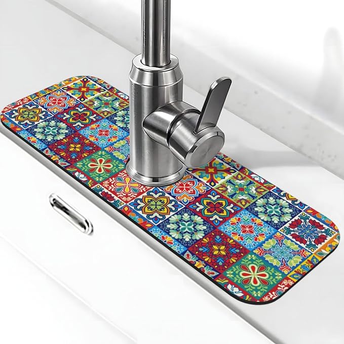 Talavera Mexican Ceramic Tiles Boho Kitchen Sink Splash Guard Faucet Mat 1 Pcs, Absorbent Fast Drying Mat Gadgets Splash Guard For Bathroom 15 X 5.5 Inches